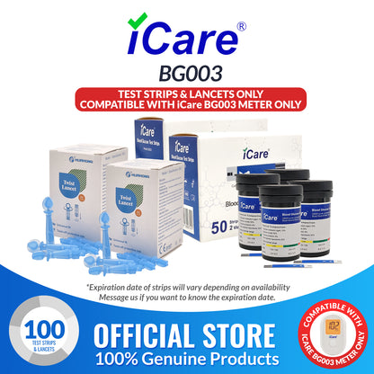 iCare BS003 100pcs Test Strips & 100pcs Lancets Compatible with BG003 Blood Glucose Meter ONLY