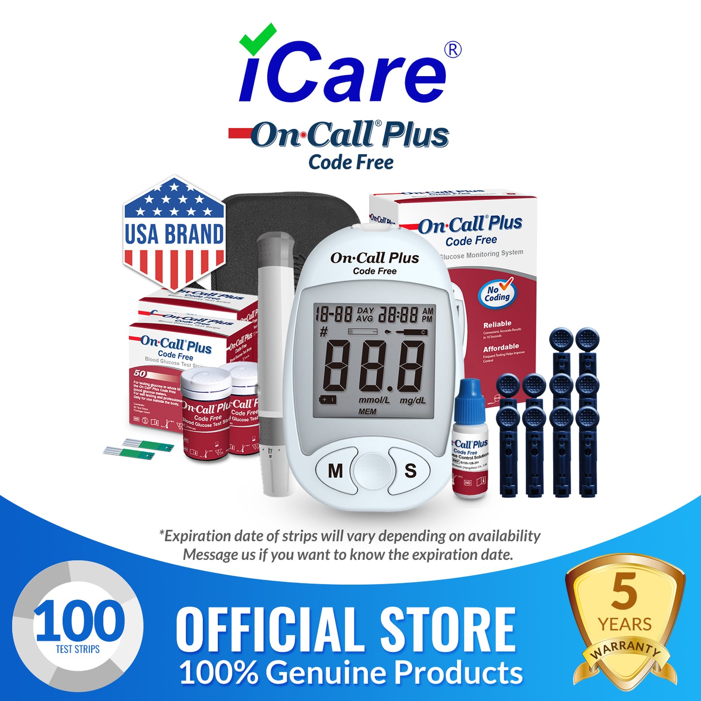 iCare® On Call Plus Code Free Blood Glucose Meter (COMPLETE SET) Blood Sugar Monitoring Kit