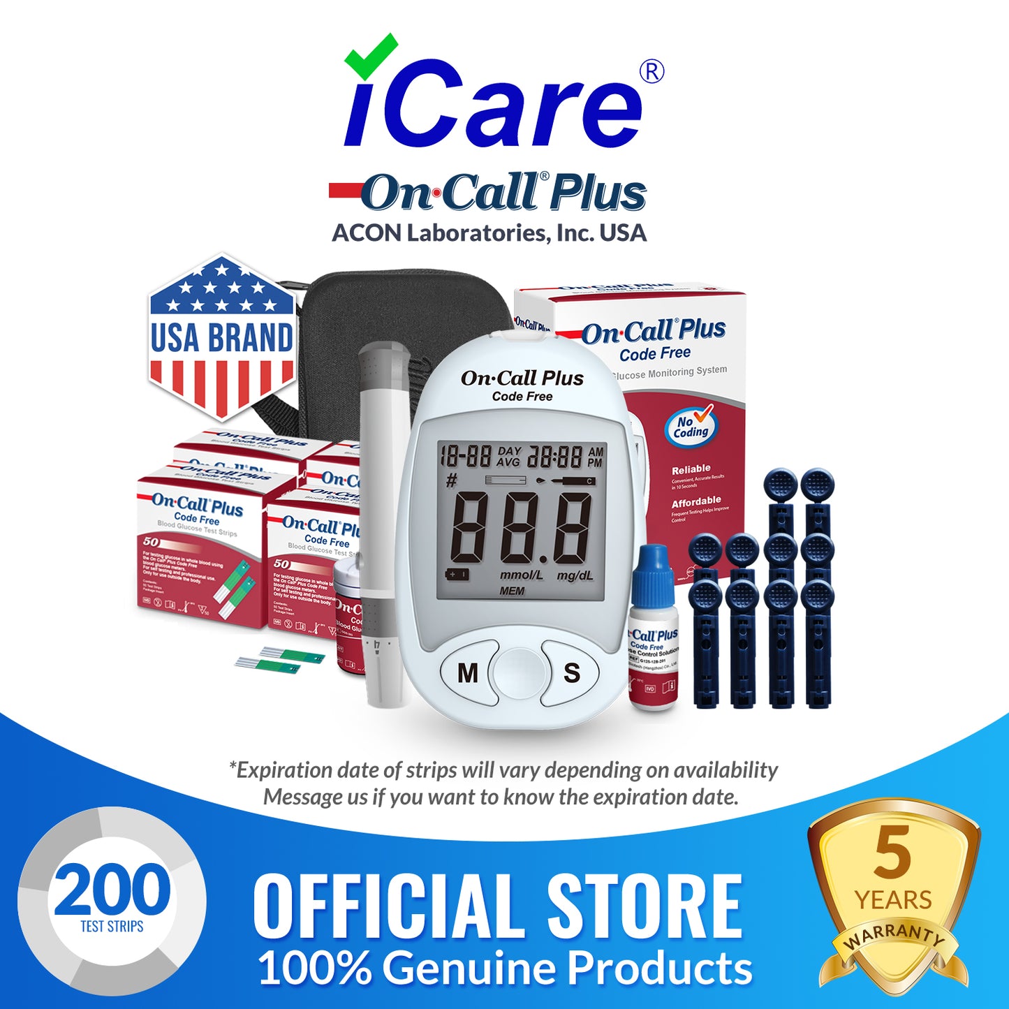 iCare® On Call Plus Code Free Blood Glucose Meter (COMPLETE SET) Blood Sugar Monitoring Kit