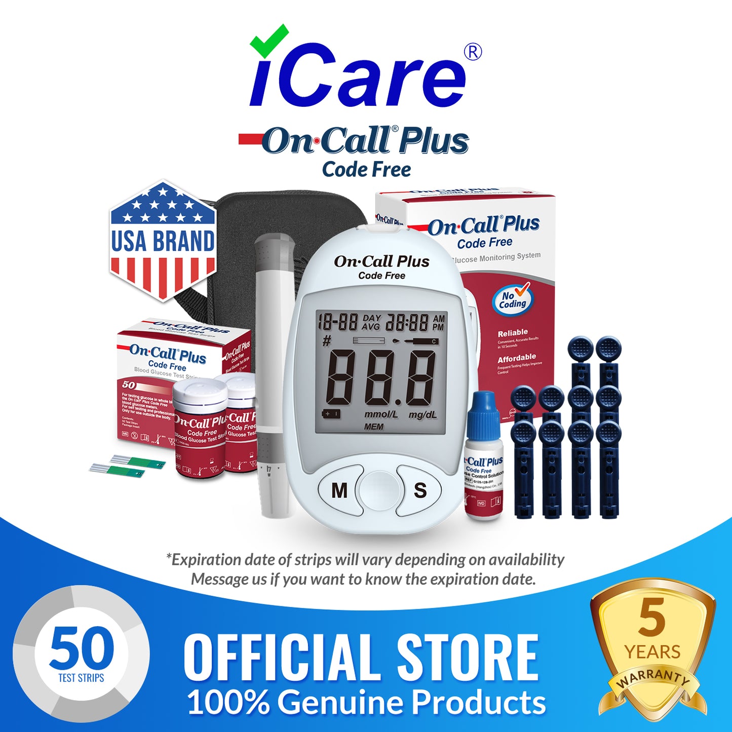 iCare® On Call Plus Code Free Blood Glucose Meter (COMPLETE SET) Blood Sugar Monitoring Kit