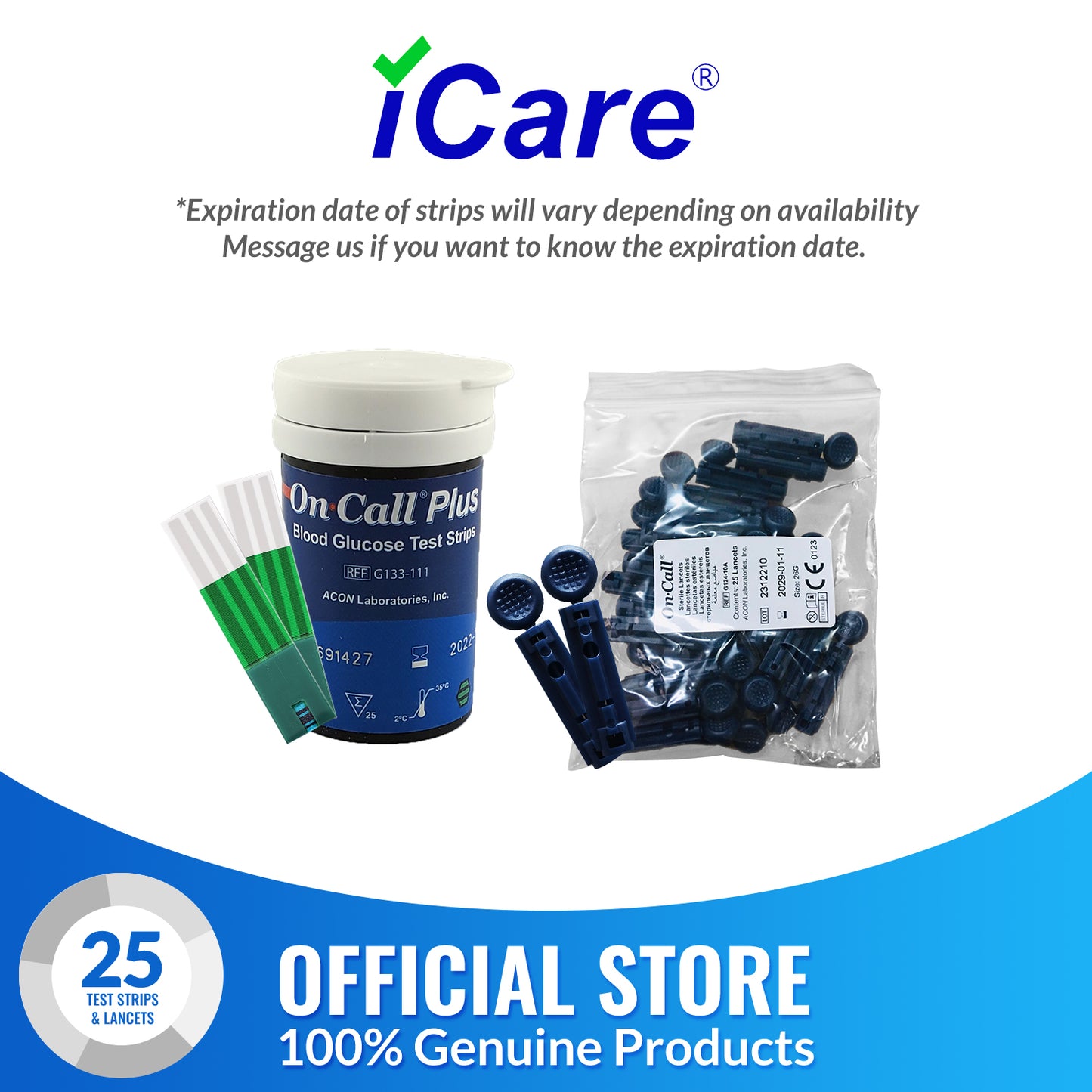 iCare® On Call EZII Test Strips 25/50/100 Pieces in Vial with Free Sterile Lancets➜ ONLY COMPATIBLE WITH EZII GLUCOSE METER