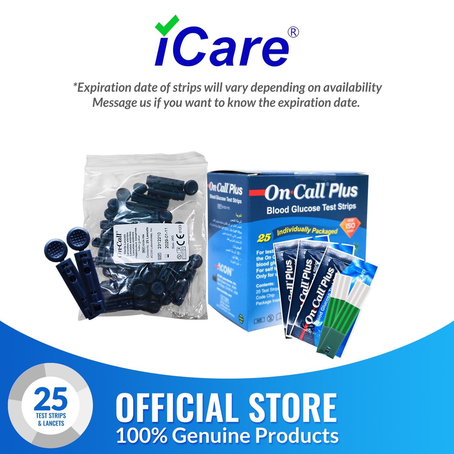 iCare® On Call EZII Test Strips 25/50/100 Pieces in Vial with Free Sterile Lancets➜ ONLY COMPATIBLE WITH EZII GLUCOSE METER