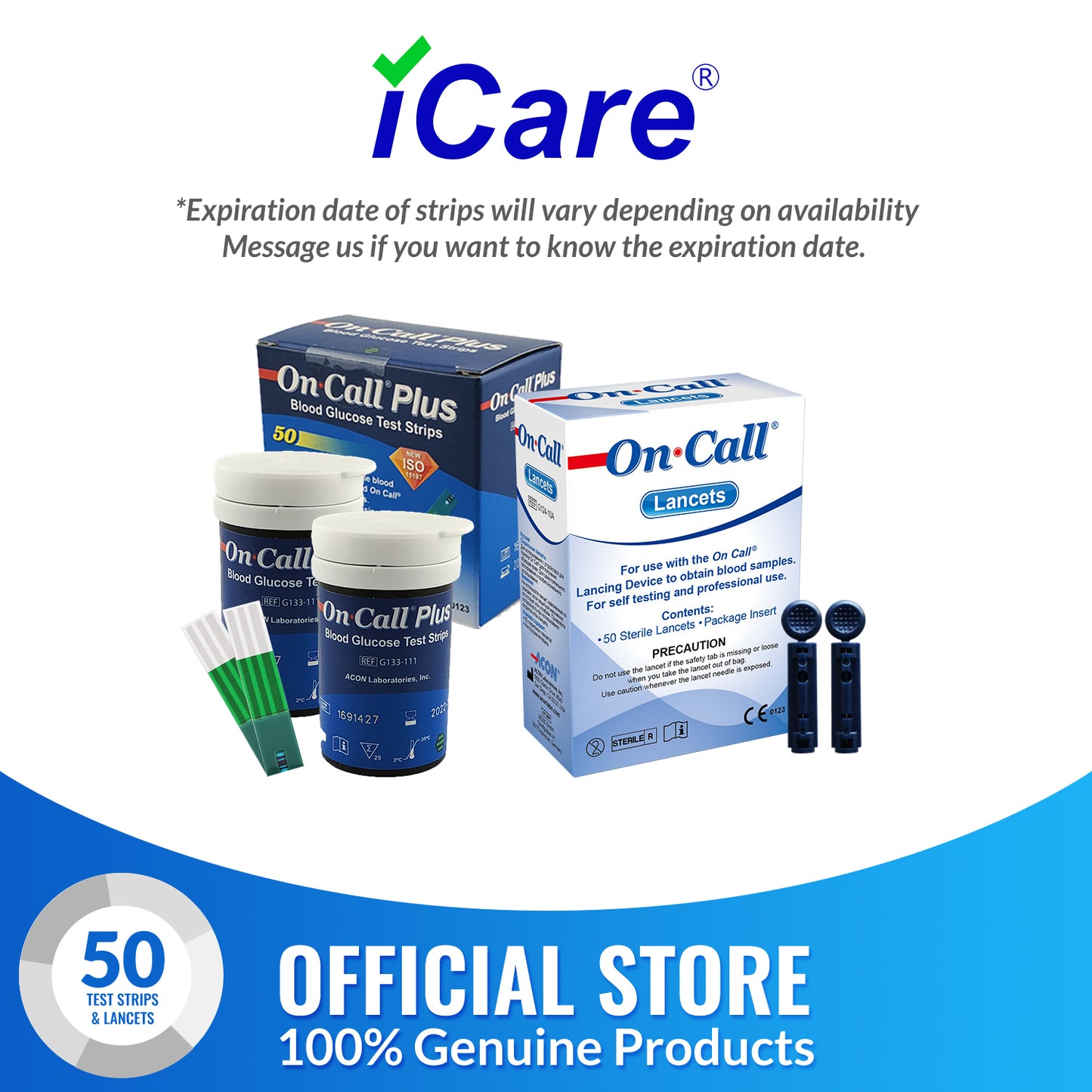 iCare® On Call EZII Test Strips 25/50/100 Pieces in Vial with Free Sterile Lancets➜ ONLY COMPATIBLE WITH EZII GLUCOSE METER
