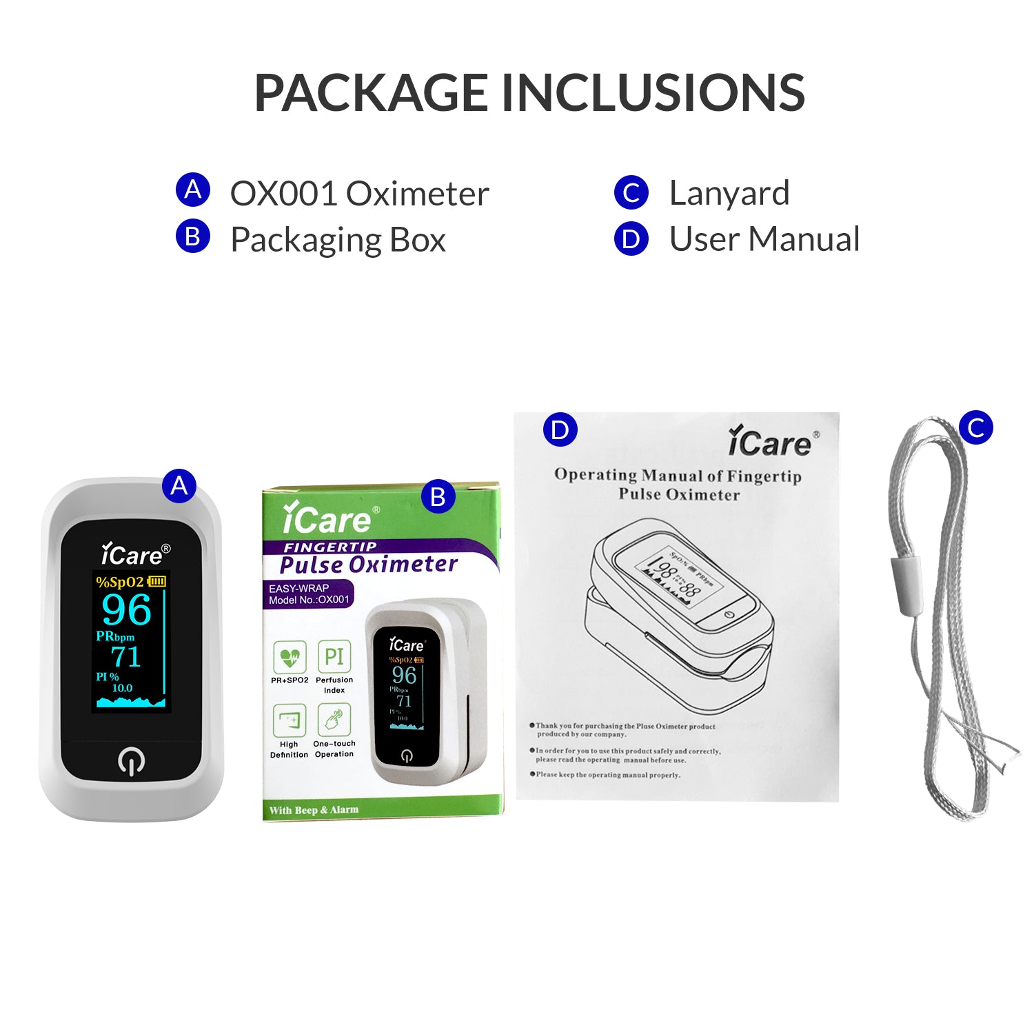 iCare Bundle 1 CK238 Digital BP Monitor + E66 Infrared Forehead Thermometer + OX001 Pulse Oximeter