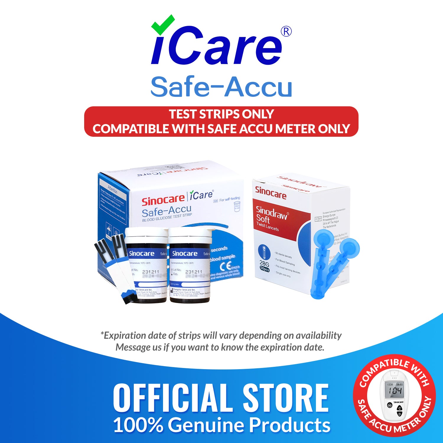 iCare® Safe Accu Glucose Test Strips & Lancets ONLY COMPATIBLE WITH SAFE ACCU GLUCOSE METER SA