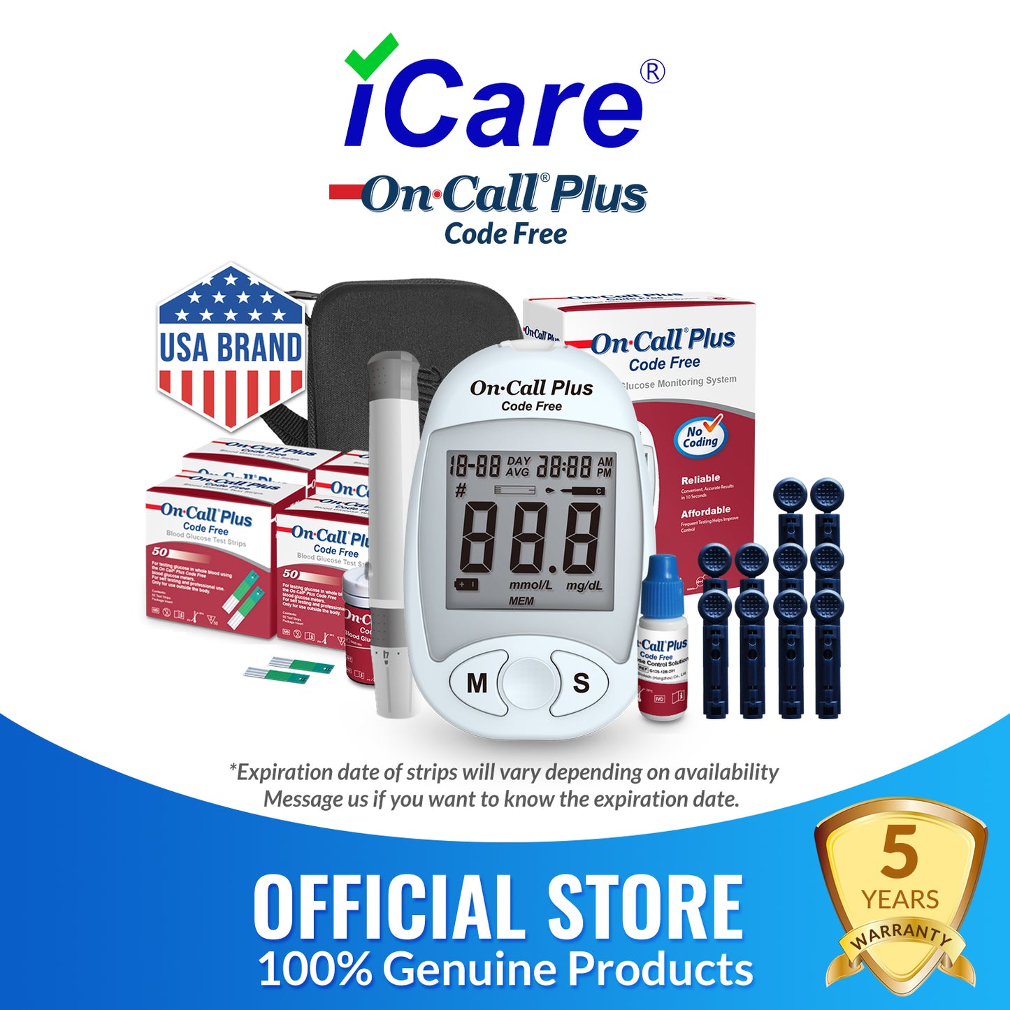 iCare® On Call Plus Code Free Blood Glucose Meter (COMPLETE SET) Blood Sugar Monitoring Kit