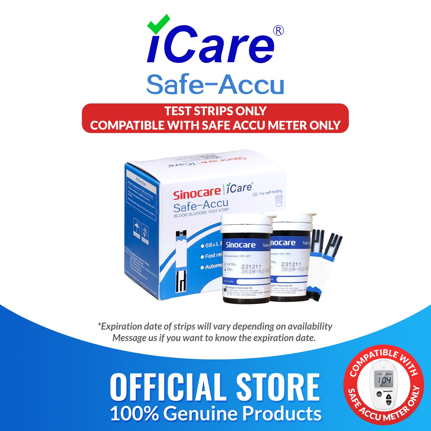 iCare® Safe Accu Glucose Test Strips COMPATIBLE WITH SAFE ACCU GLUCOSE METER ONLY
