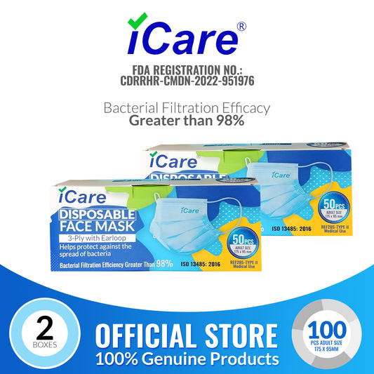 iCare® REF285 Disposable Face Mask (Type II For Medical Use) 2 Boxes(100pcs) with Comfortable Elastic Earloop and Embedded Nose Clip Design, 3ply Breathable Melt-Blown and Non-Woven Fabric for Home, Office and Outdoor