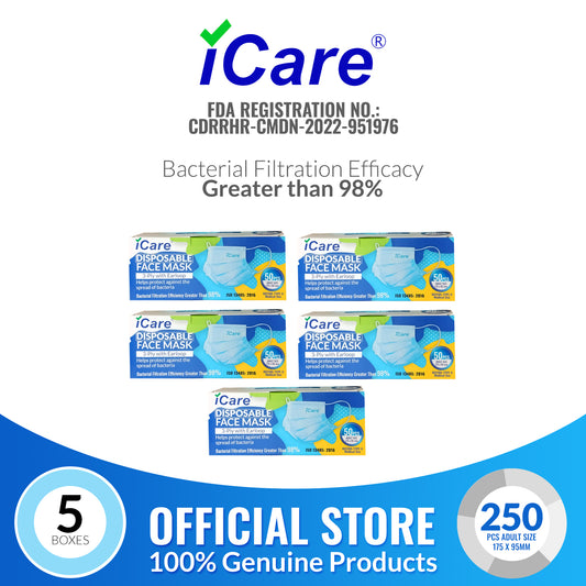 iCare® REF285 Disposable Face Mask ( Type II For Medical Use) 5 Boxes(250pcs) with Comfortable Elastic Earloop and Embedded Nose Clip Design, 3ply Breathable Melt-Blown and Non-Woven Fabric for Home, Office and Outdoor
