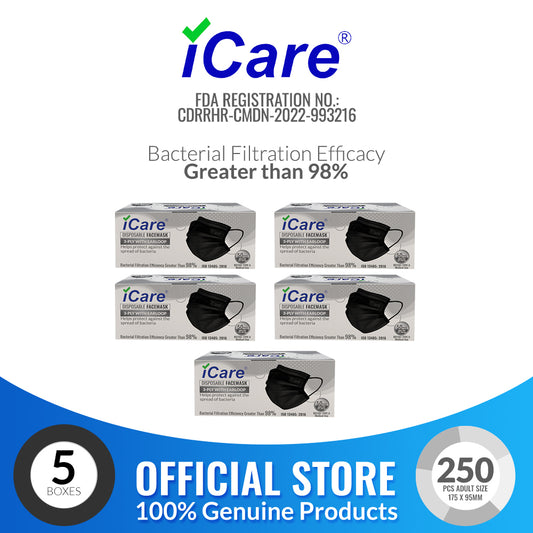 iCare® 5 Boxes(250pcs) REF287 Disposable Face Mask ( Type II For Medical Use) with Comfortable Elastic Earloop and Embedded Nose Clip Design, 3ply Breathable Melt-Blown and Non-Woven Fabric for Home, Office and Outdoor
