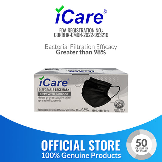 iCare® REF287 Disposable Face Mask ( Type II For Medical Use) with Comfortable Elastic Earloop and Embedded Nose Clip Design, 3ply Breathable Melt-Blown and Non-Woven Fabric for Home, Office and Outdoor