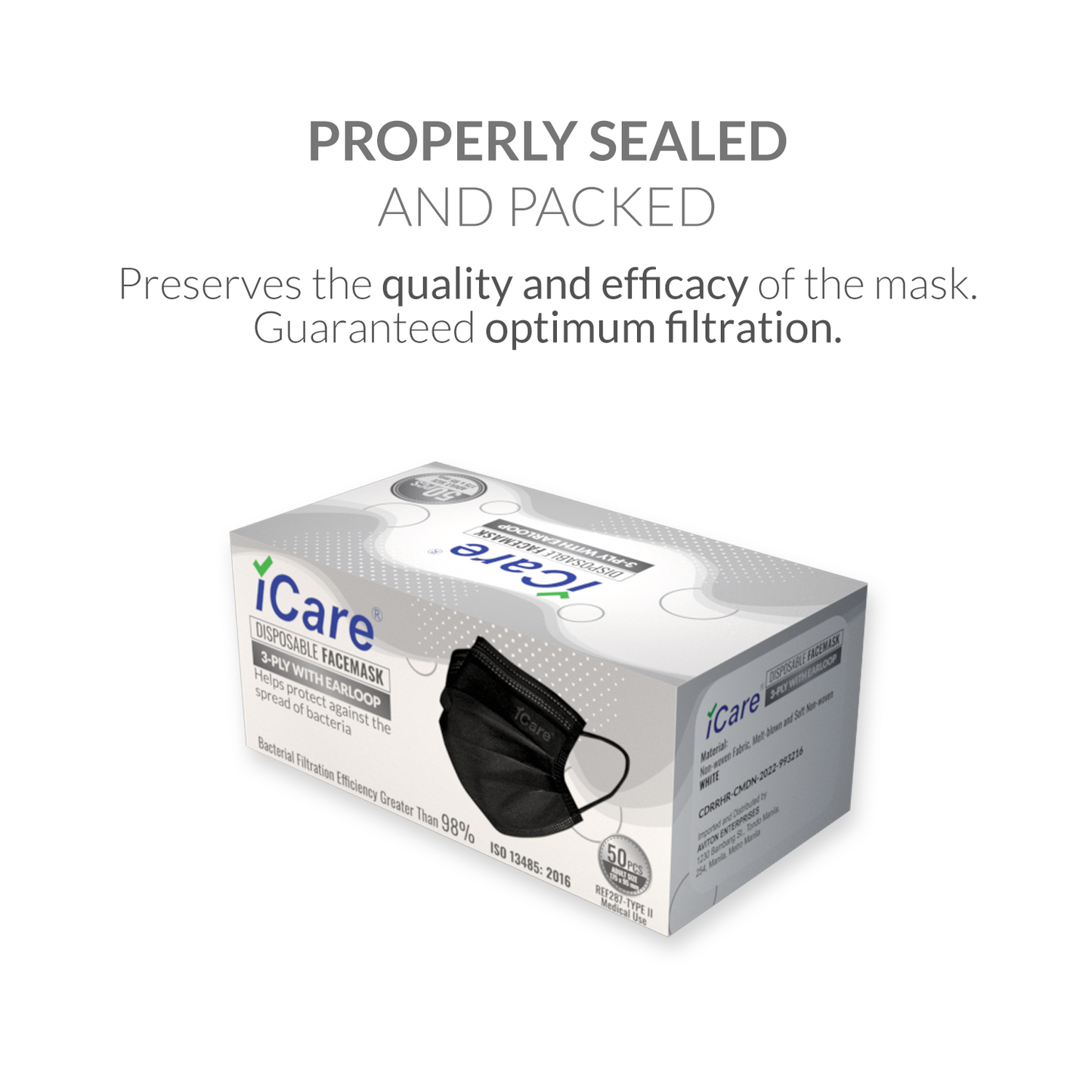 iCare® REF287 Disposable Face Mask ( Type II For Medical Use) 2 Boxes(100pcs) with Comfortable Elastic Earloop and Embedded Nose Clip Design, 3ply Breathable Melt-Blown and Non-Woven Fabric for Home, Office and Outdoor