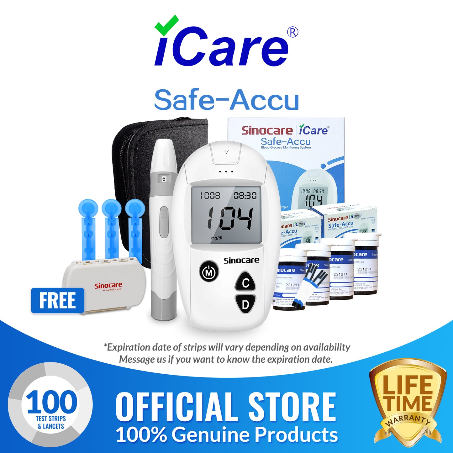 iCare® Safe Accu Blood Glucose Meter COMPLETE SET meter with strips and lancets