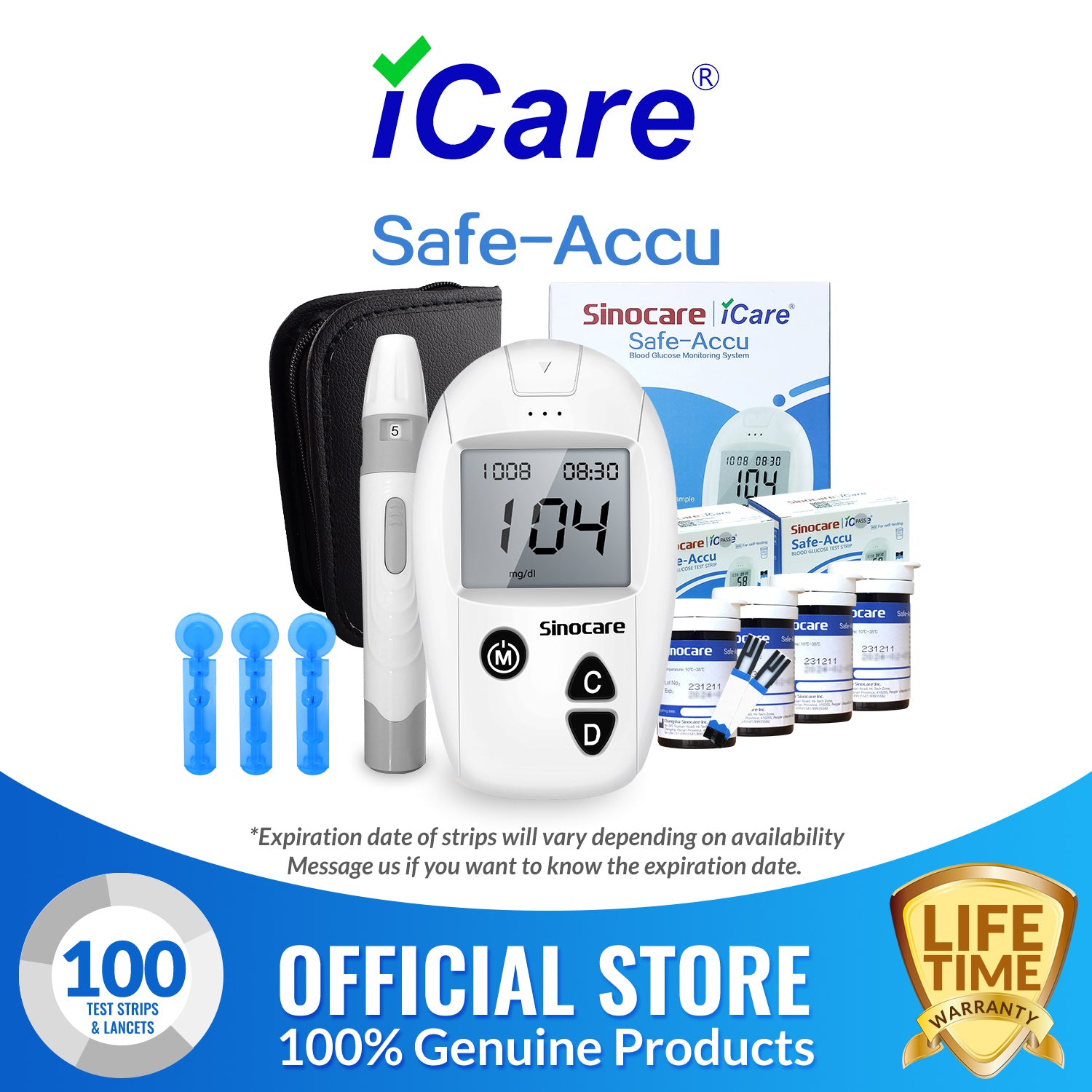 iCare® Safe Accu Blood Glucose Meter COMPLETE SET meter with strips and lancets
