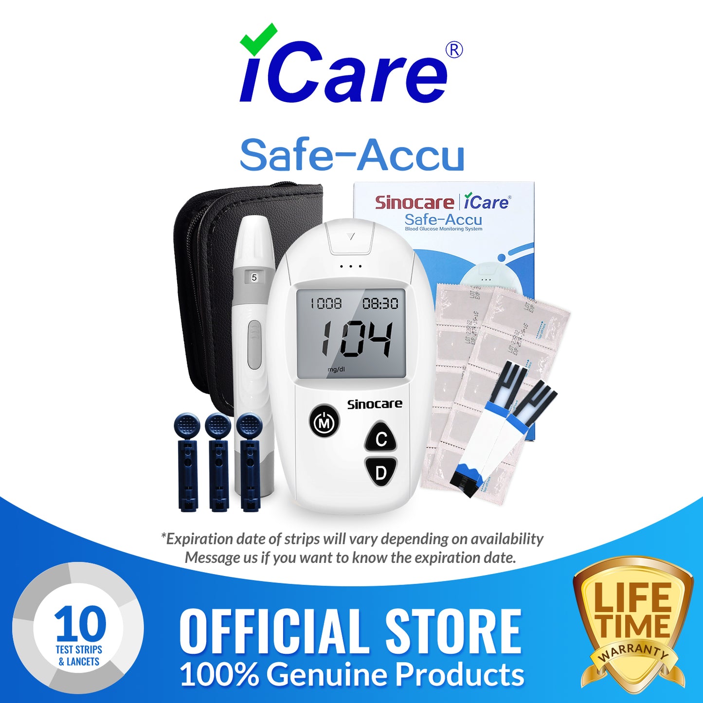 iCare® Safe Accu Blood Glucose Meter COMPLETE SET meter with strips and lancets