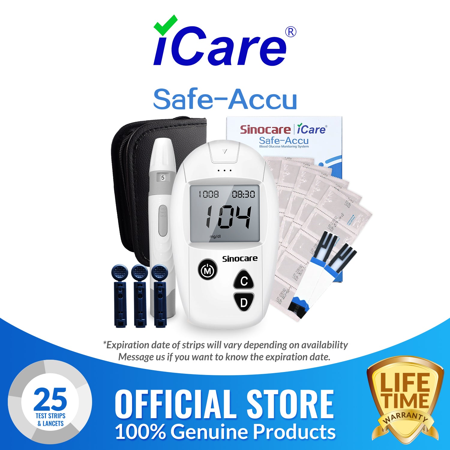 iCare® Safe Accu Blood Glucose Meter COMPLETE SET (1Meter + 25 Individually Packed Strips + 25pcs Lancets + Lancing Device) Blood Sugar Monitoring Kit SA