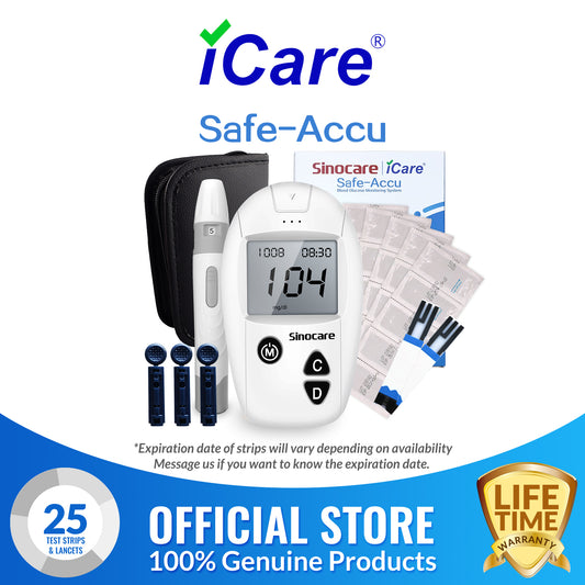 iCare® Safe Accu Blood Glucose Meter COMPLETE SET (1Meter + 25 Individually Packed Strips + 25pcs Lancets + Lancing Device) Blood Sugar Monitoring Kit SA