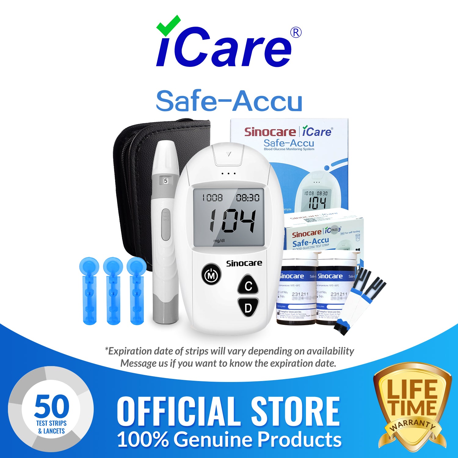 iCare® Safe Accu Blood Glucose Meter COMPLETE SET meter with strips and lancets