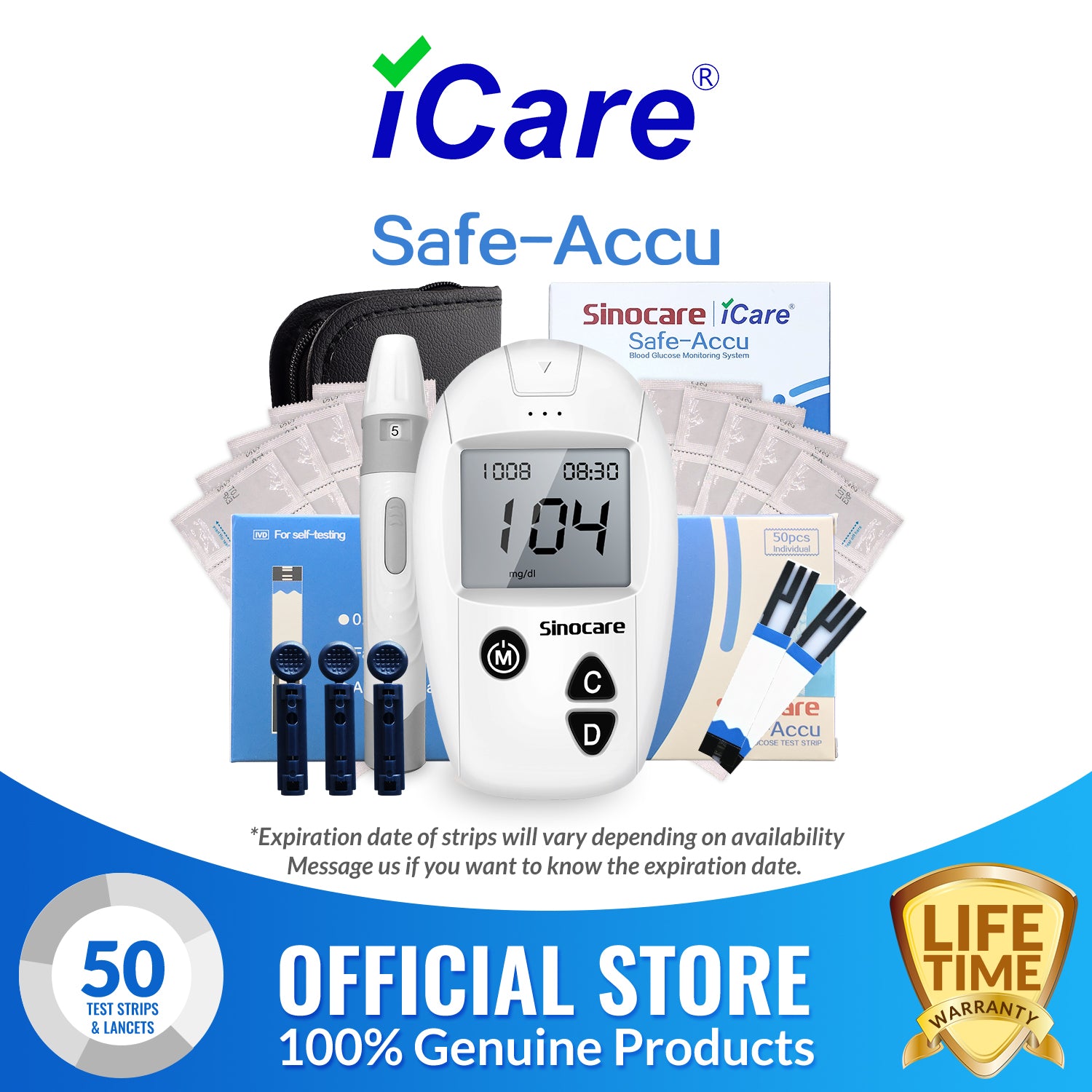 iCare® Safe Accu Blood Glucose Meter COMPLETE SET (1Meter + 50 Individually Packed Strips + 50pcs Lancets + Lancing Device) Blood Sugar Monitoring Kit SA (Copy)