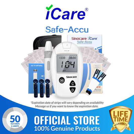 iCare® Safe Accu Blood Glucose Meter COMPLETE SET (1Meter + 50 Individually Packed Strips + 50pcs Lancets + Lancing Device) Blood Sugar Monitoring Kit SA (Copy)