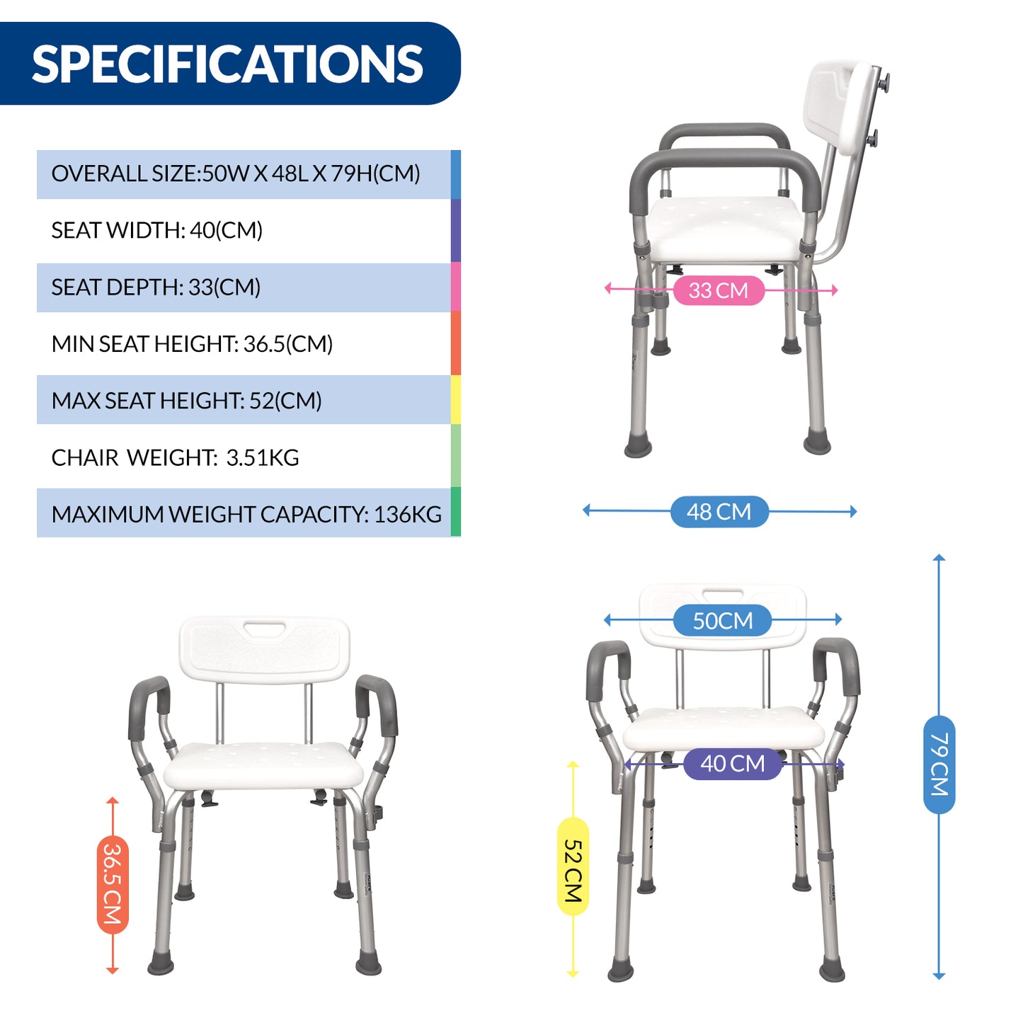 iCare® SC110 BathMate Aluminum Shower Chair Rust Resistant Materials, Easy to Assemble and Lightweight for Disabled and Elderly