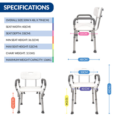 iCare® SC110 BathMate Aluminum Shower Chair Rust Resistant Materials, Easy to Assemble and Lightweight for Disabled and Elderly