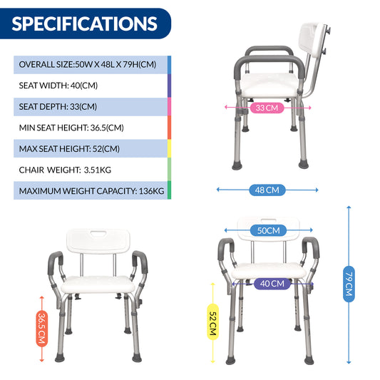 iCare® SC110 BathMate Aluminum Shower Chair Rust Resistant Materials, Easy to Assemble and Lightweight for Disabled and Elderly