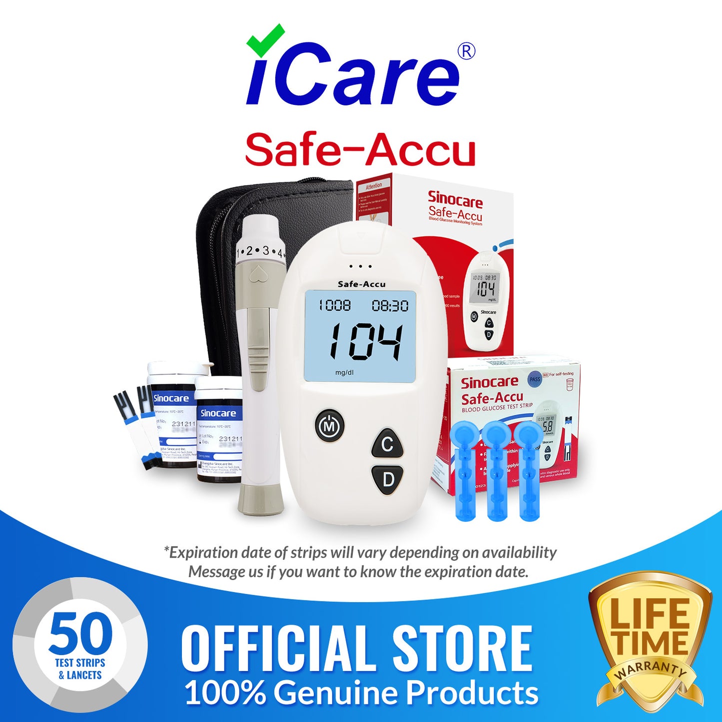 iCare® Safe Accu Blood Glucose Meter COMPLETE SET (1Meter + Strips + Lancets + Lancing Device +Battery) Blood Sugar Monitoring Kit SA