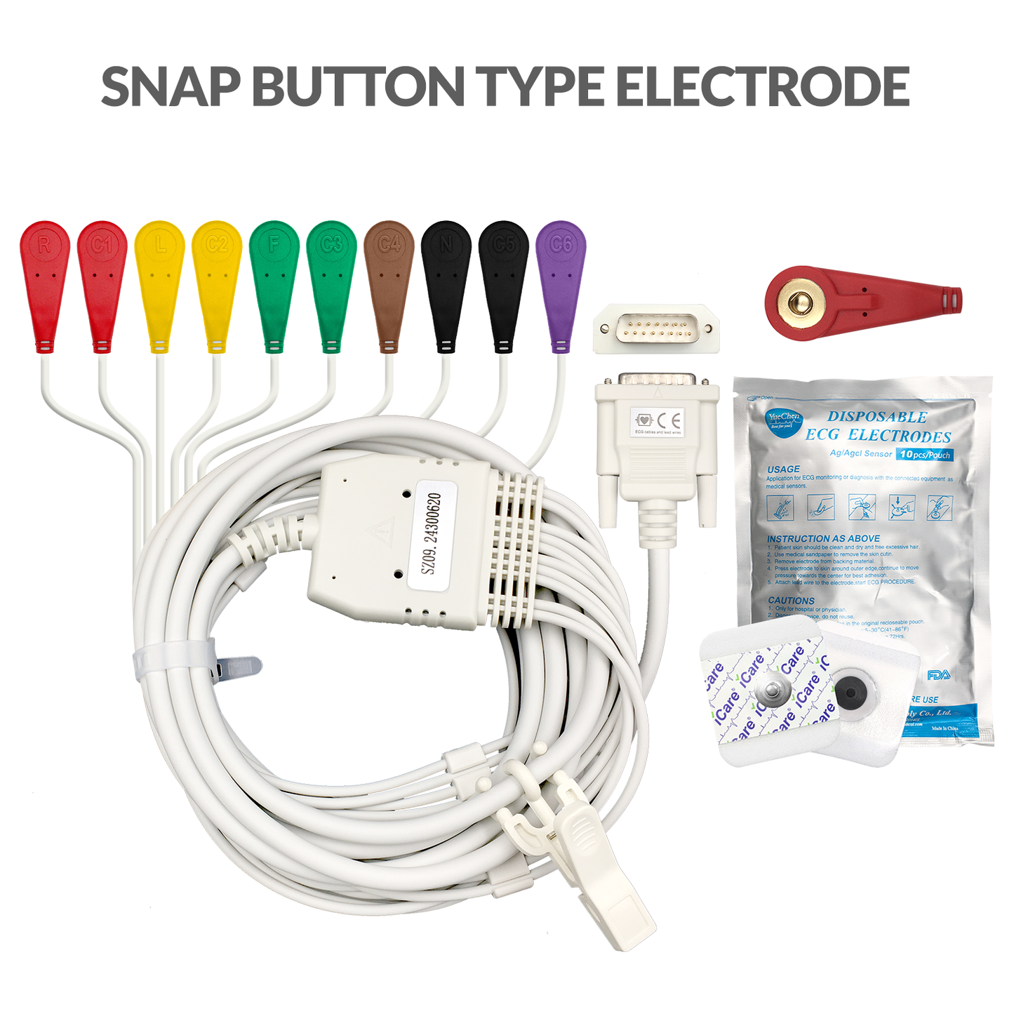 iCare® ECG Cables(Snap Button Type) with 1pack ECG Electrode Pads