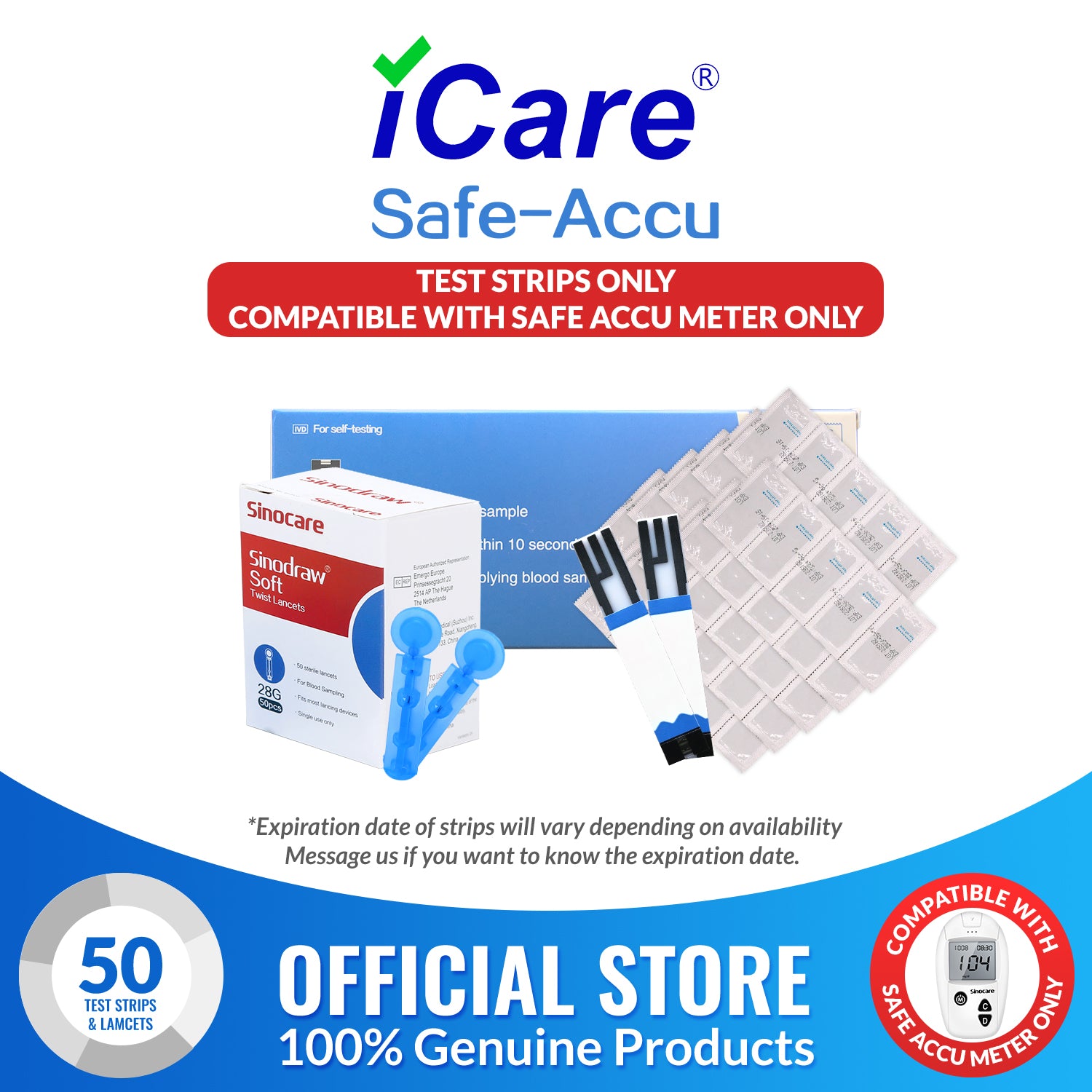 iCare® Safe Accu Glucose Test Strips & Lancets ONLY COMPATIBLE WITH SAFE ACCU GLUCOSE METER SA
