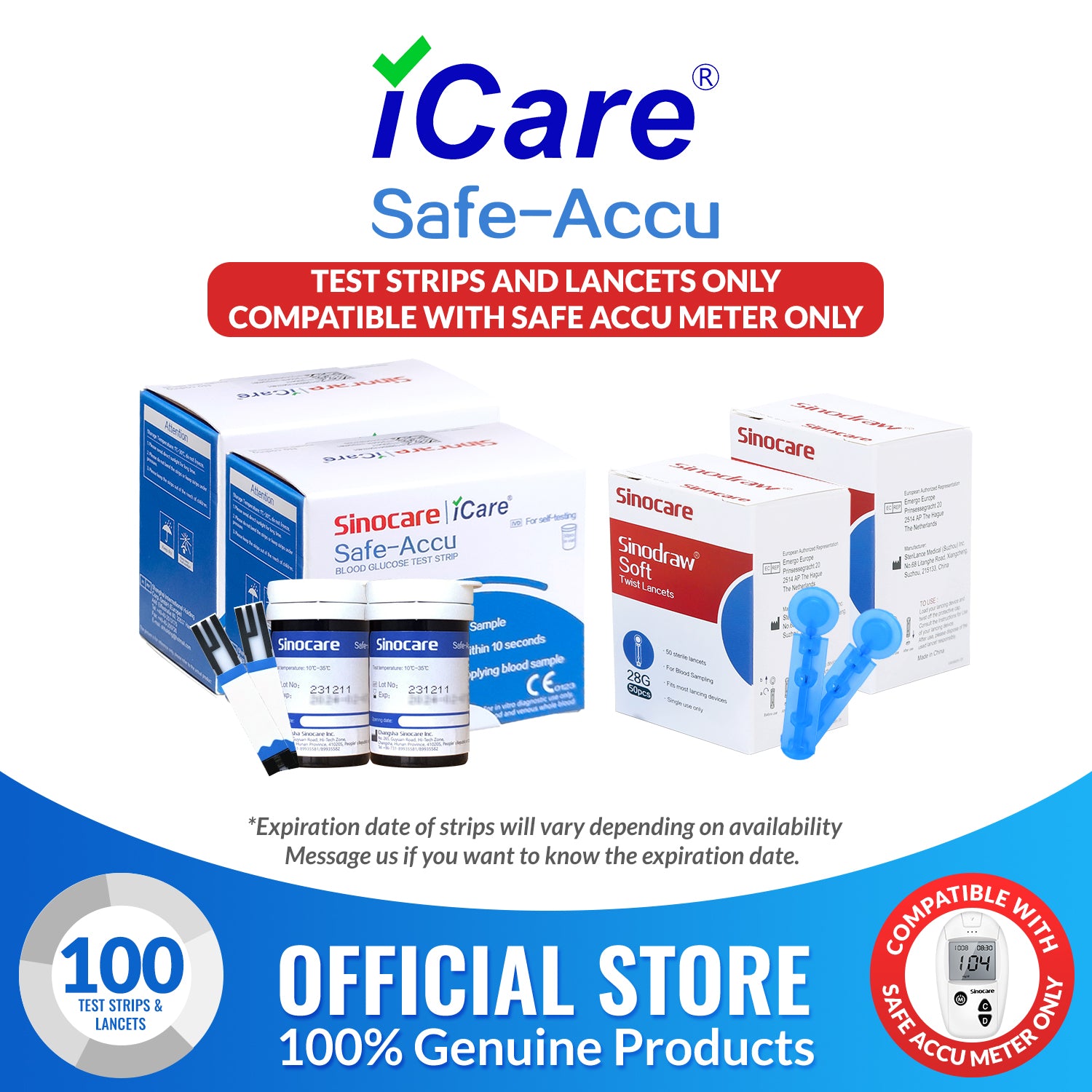 iCare® Safe Accu Glucose Test Strips & Lancets ONLY COMPATIBLE WITH SAFE ACCU GLUCOSE METER SA