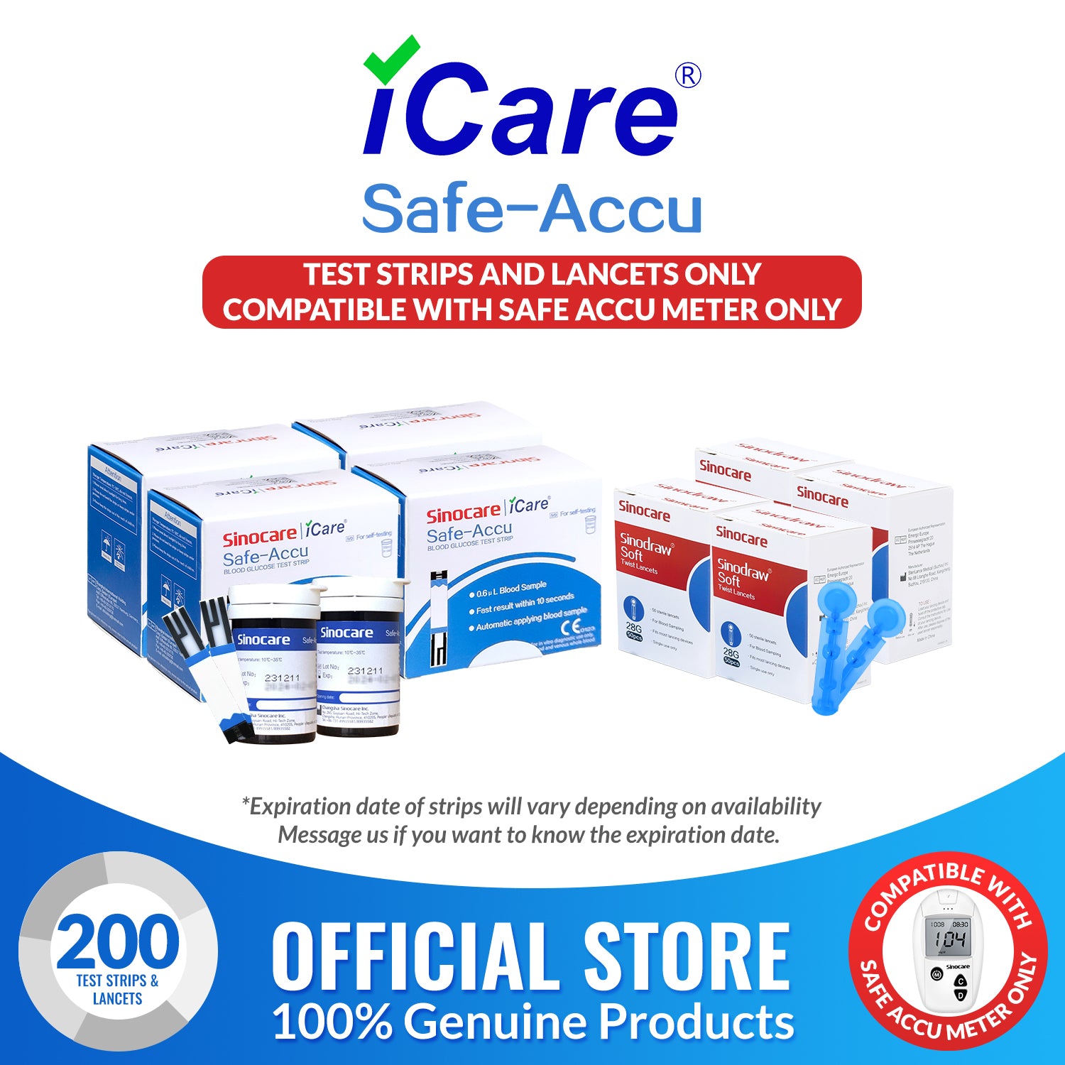 iCare® Safe Accu Glucose Test Strips & Lancets ONLY COMPATIBLE WITH SAFE ACCU GLUCOSE METER SA