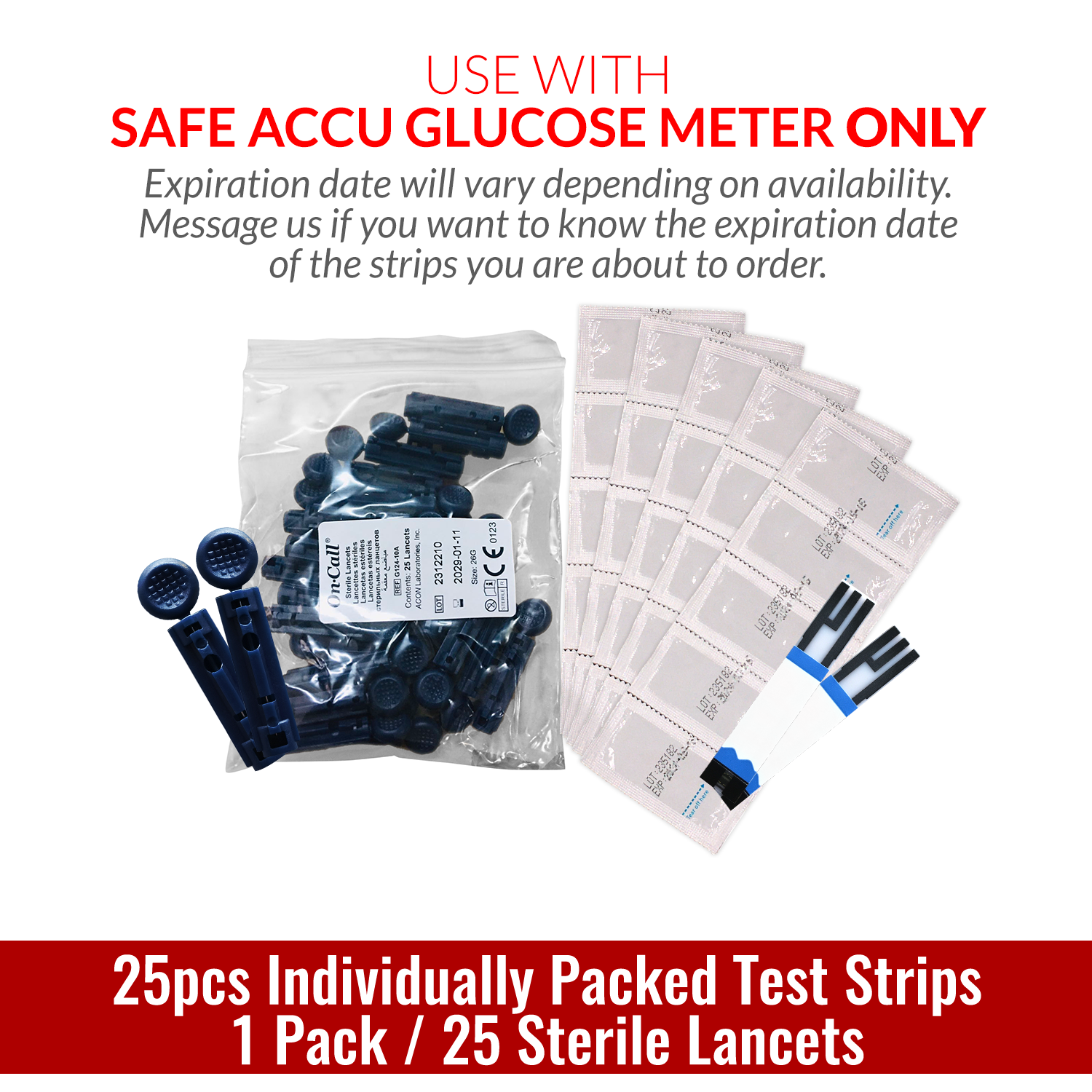 iCare® Safe Accu 25pcs Individually Packed Glucose Test Strips with 25pcs Sterile Lancets SA
