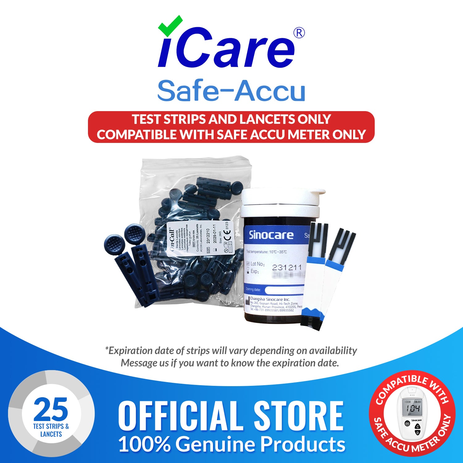 iCare® Safe Accu Glucose Test Strips & Lancets ONLY COMPATIBLE WITH SAFE ACCU GLUCOSE METER SA