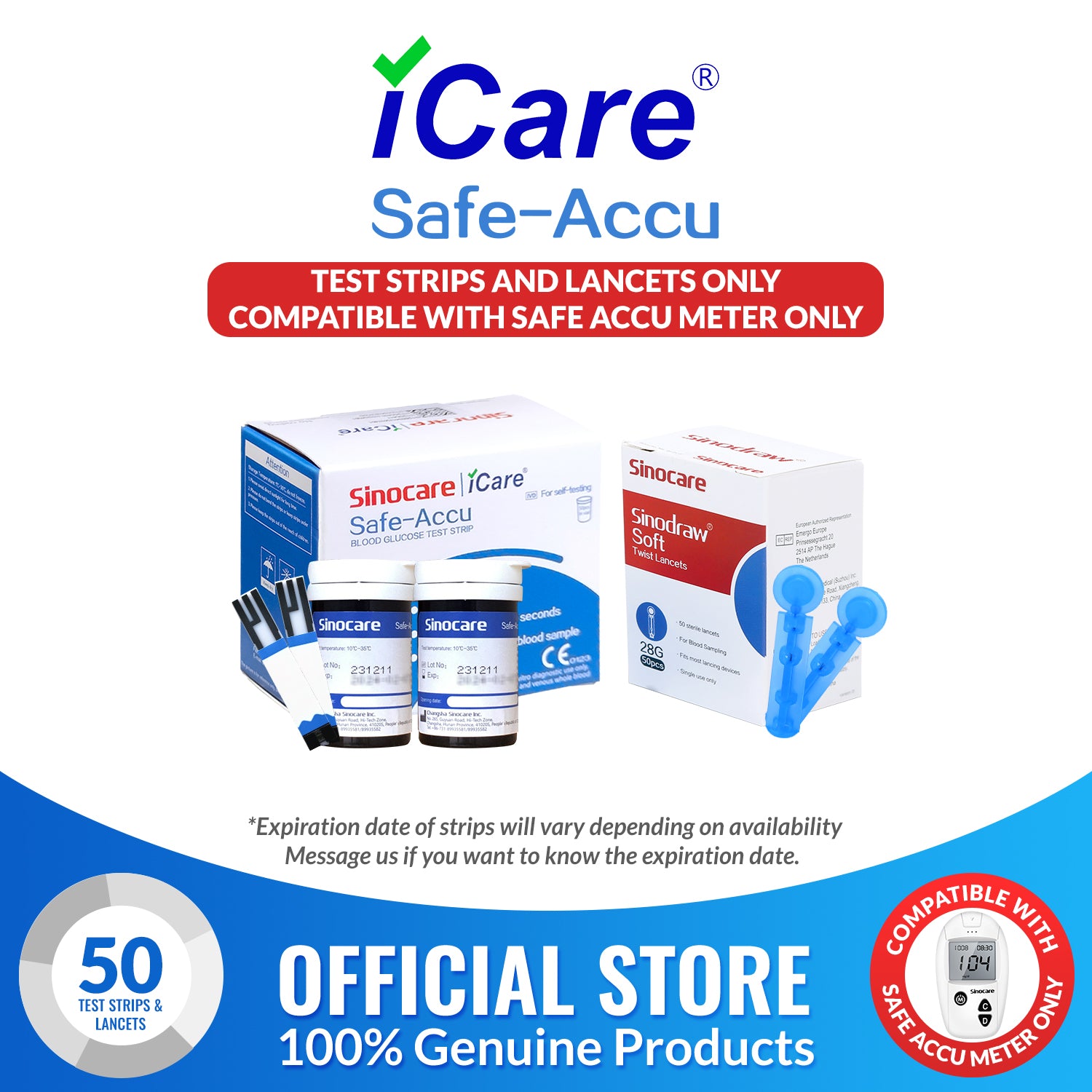 iCare® Safe Accu Glucose Test Strips & Lancets ONLY COMPATIBLE WITH SAFE ACCU GLUCOSE METER SA