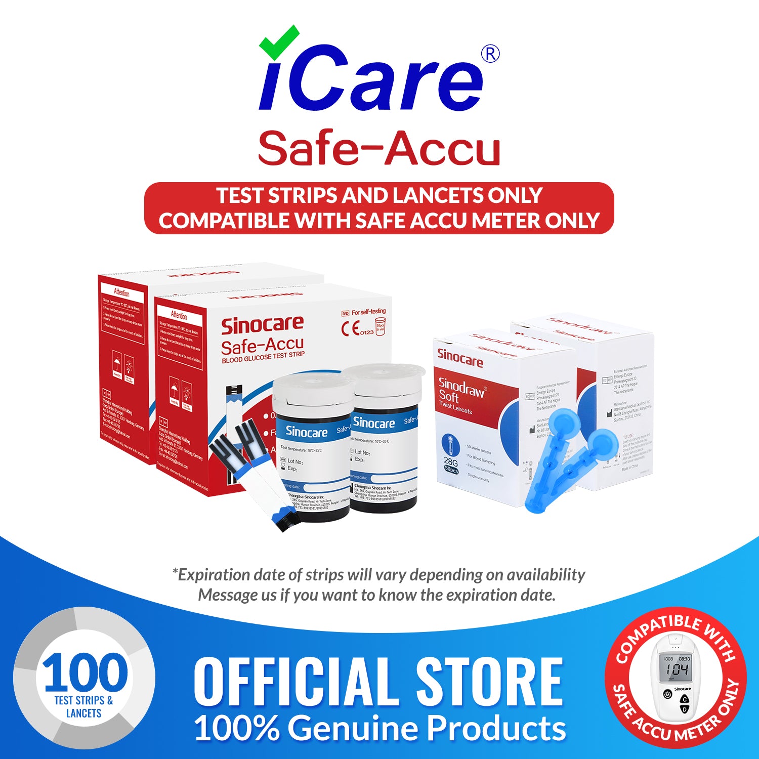iCare® Safe Accu Glucose Test Strips & Lancets COMPATIBLE WITH SAFE ACCU GLUCOSE METER ONLY
