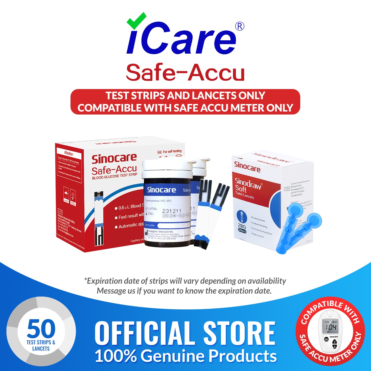 iCare® Safe Accu Glucose Test Strips & Lancets COMPATIBLE WITH SAFE ACCU GLUCOSE METER ONLY