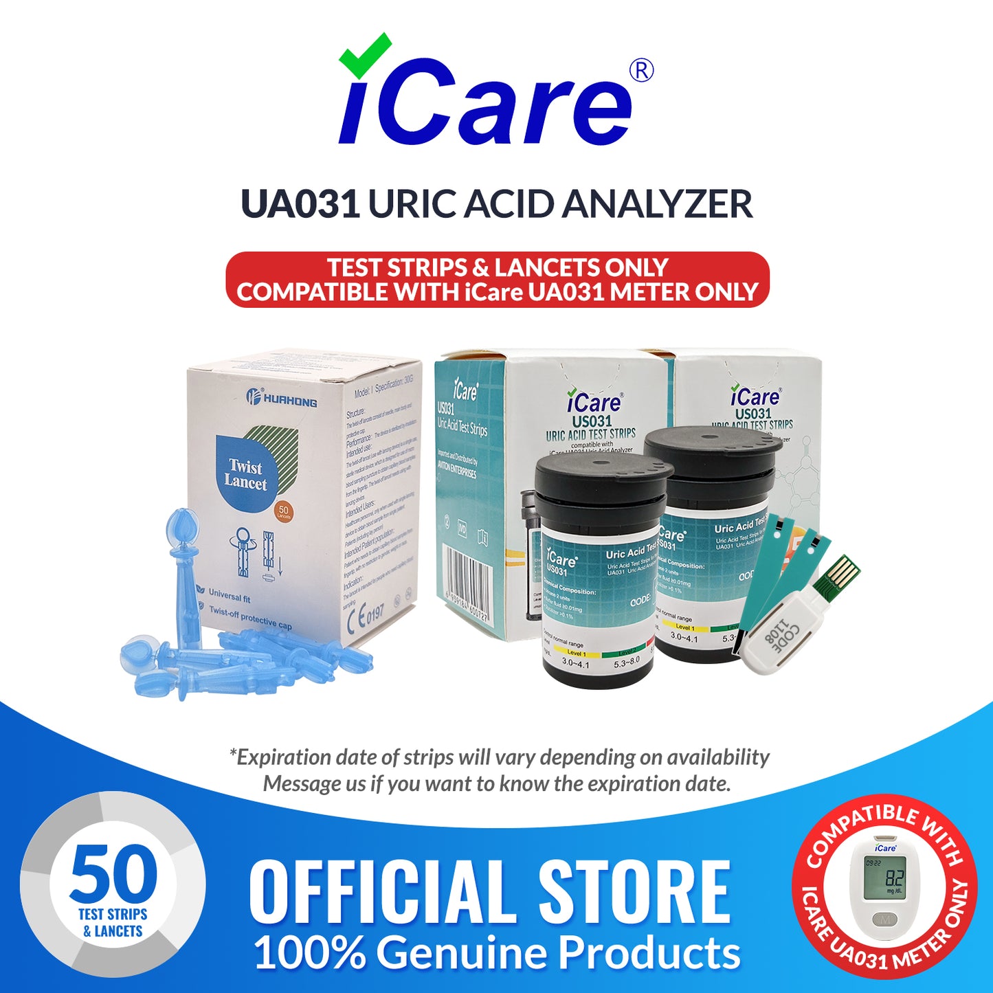 iCare 50pcs Uric Acid Test Strips with 50pcs Lancets for iCare UA031 Uric Acid Analyzer  Test Strips & Lancets ONLY