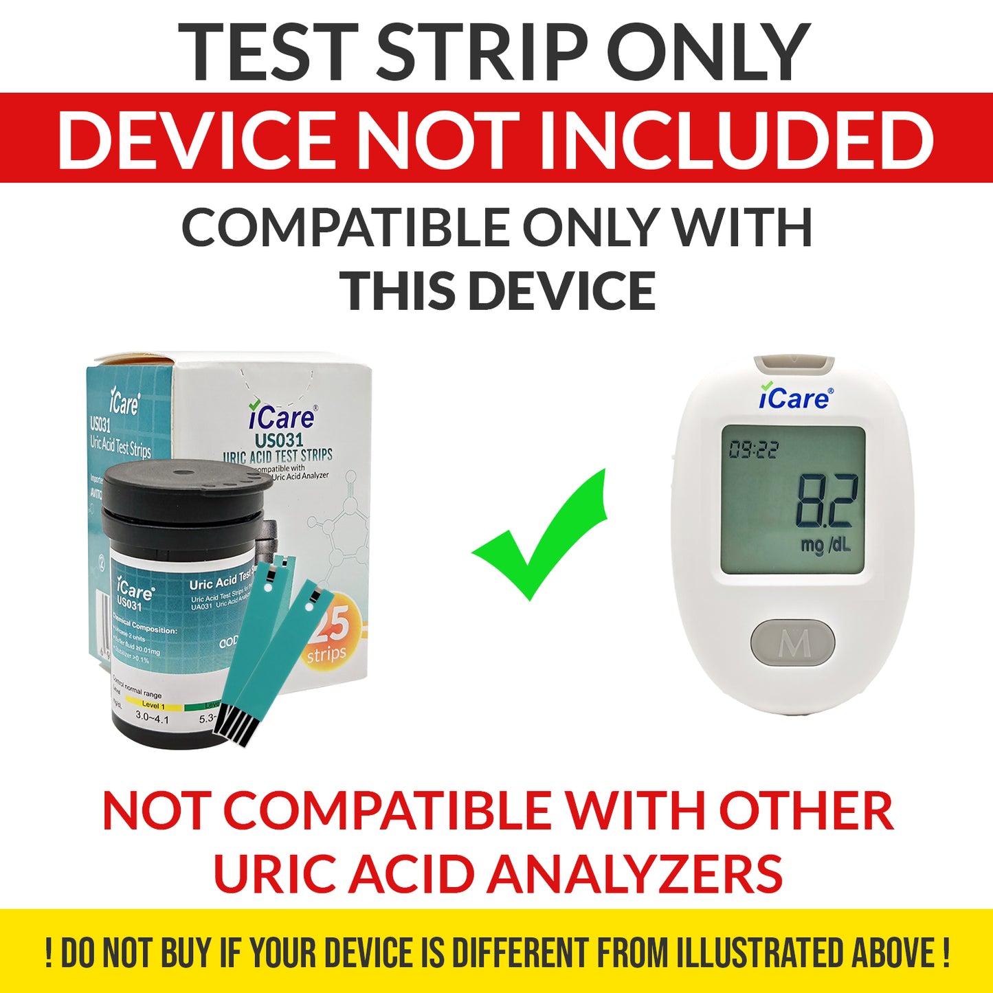 iCare Uric Acid Test Strips for iCare UA031 Uric Acid Analyzer 25pcs Test Strips ONLY