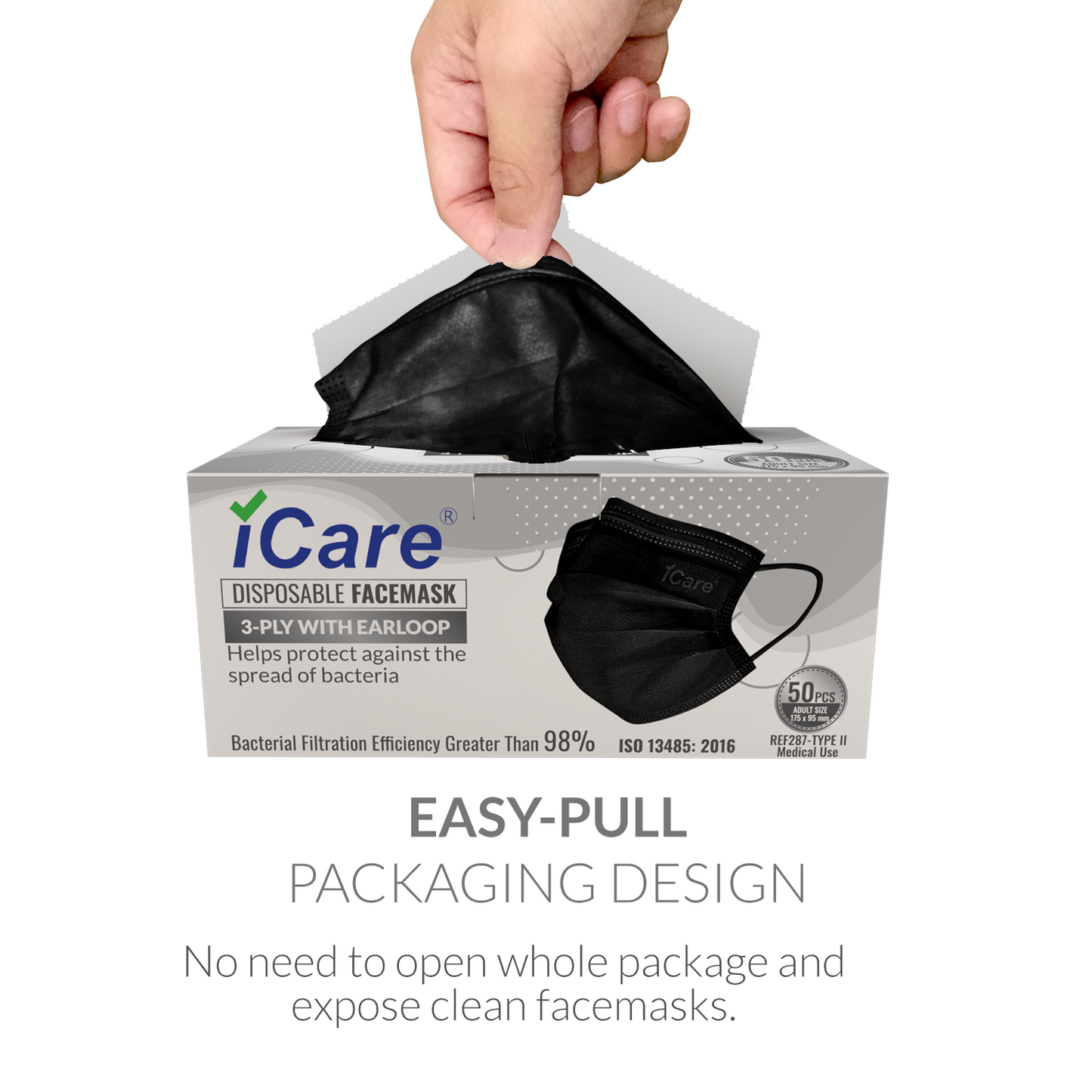 iCare® REF287 Disposable Face Mask ( Type II For Medical Use) 2 Boxes(100pcs) with Comfortable Elastic Earloop and Embedded Nose Clip Design, 3ply Breathable Melt-Blown and Non-Woven Fabric for Home, Office and Outdoor