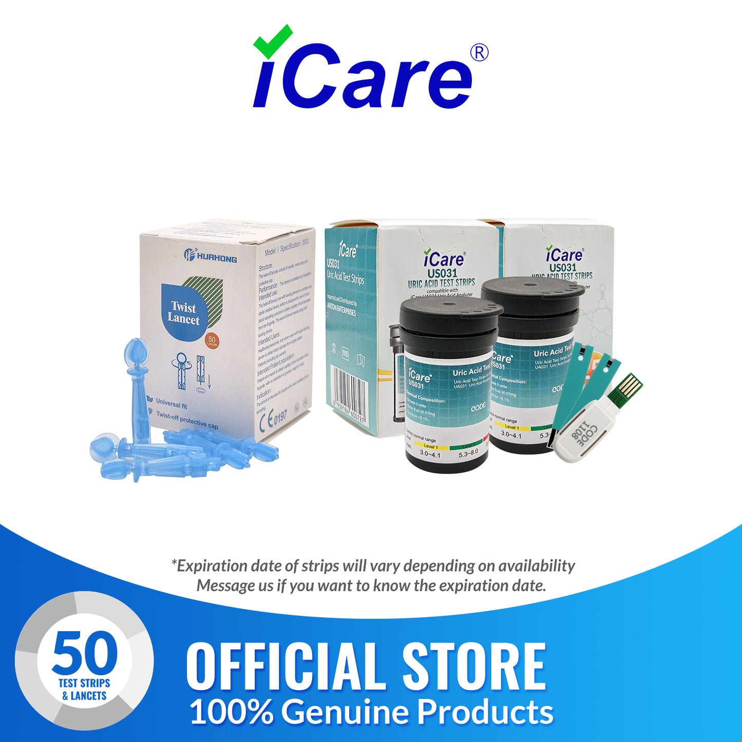 iCare 50pcs Uric Acid Test Strips with 50pcs Lancets for iCare UA031 Uric Acid Analyzer  Test Strips & Lancets ONLY