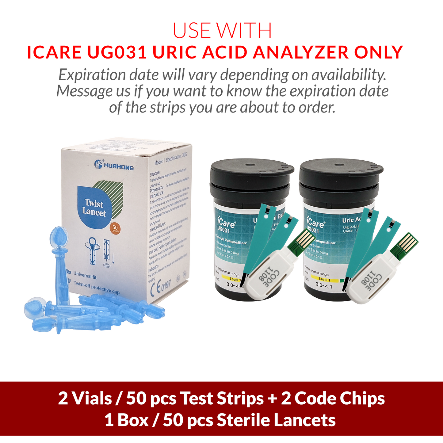 iCare 50pcs Uric Acid Test Strips with 50pcs Lancets for iCare UA031 Uric Acid Analyzer  Test Strips & Lancets ONLY