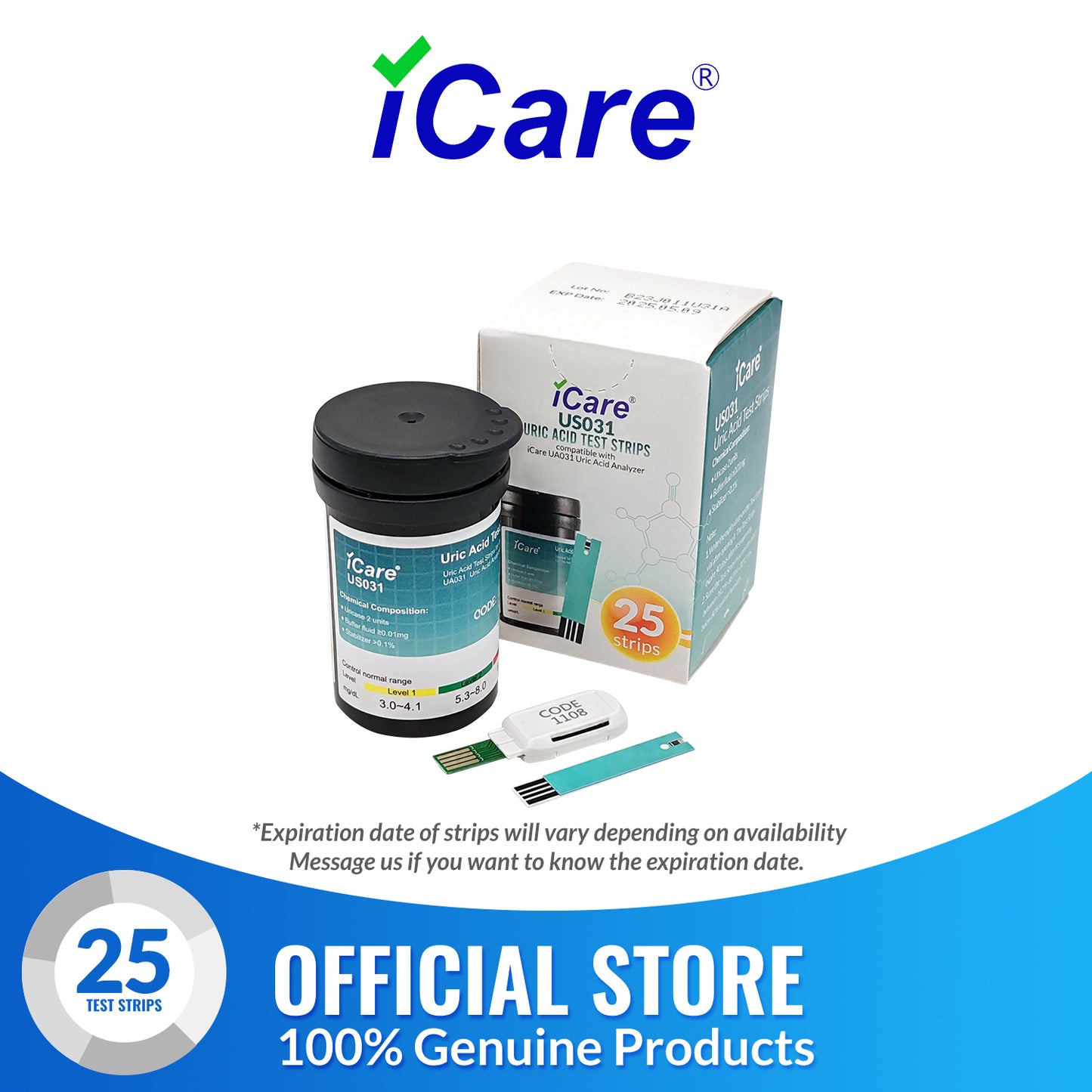 iCare Uric Acid Test Strips for iCare UA031 Uric Acid Analyzer 25pcs Test Strips ONLY
