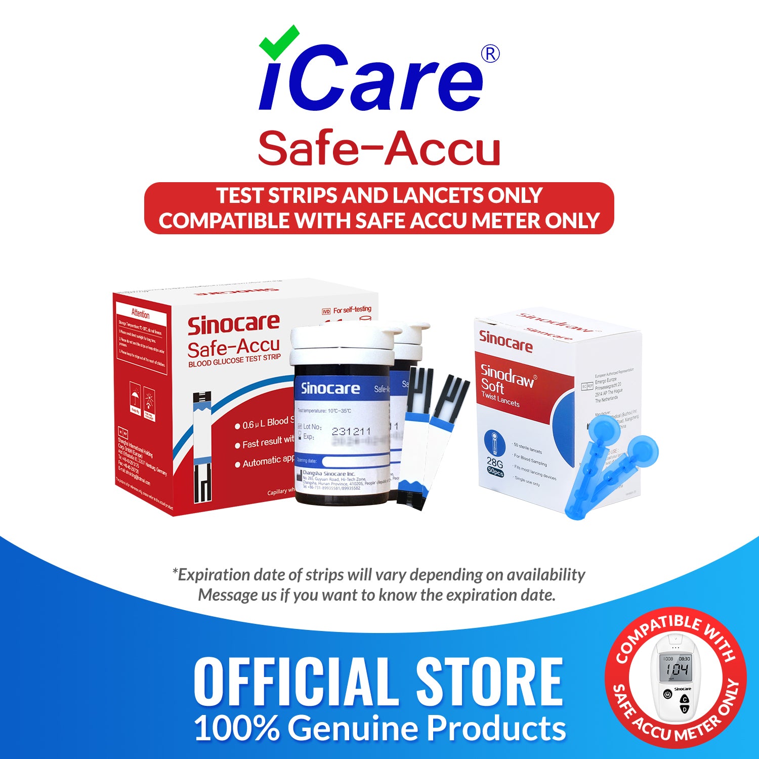 iCare® Safe Accu Glucose Test Strips & Lancets COMPATIBLE WITH SAFE ACCU GLUCOSE METER ONLY