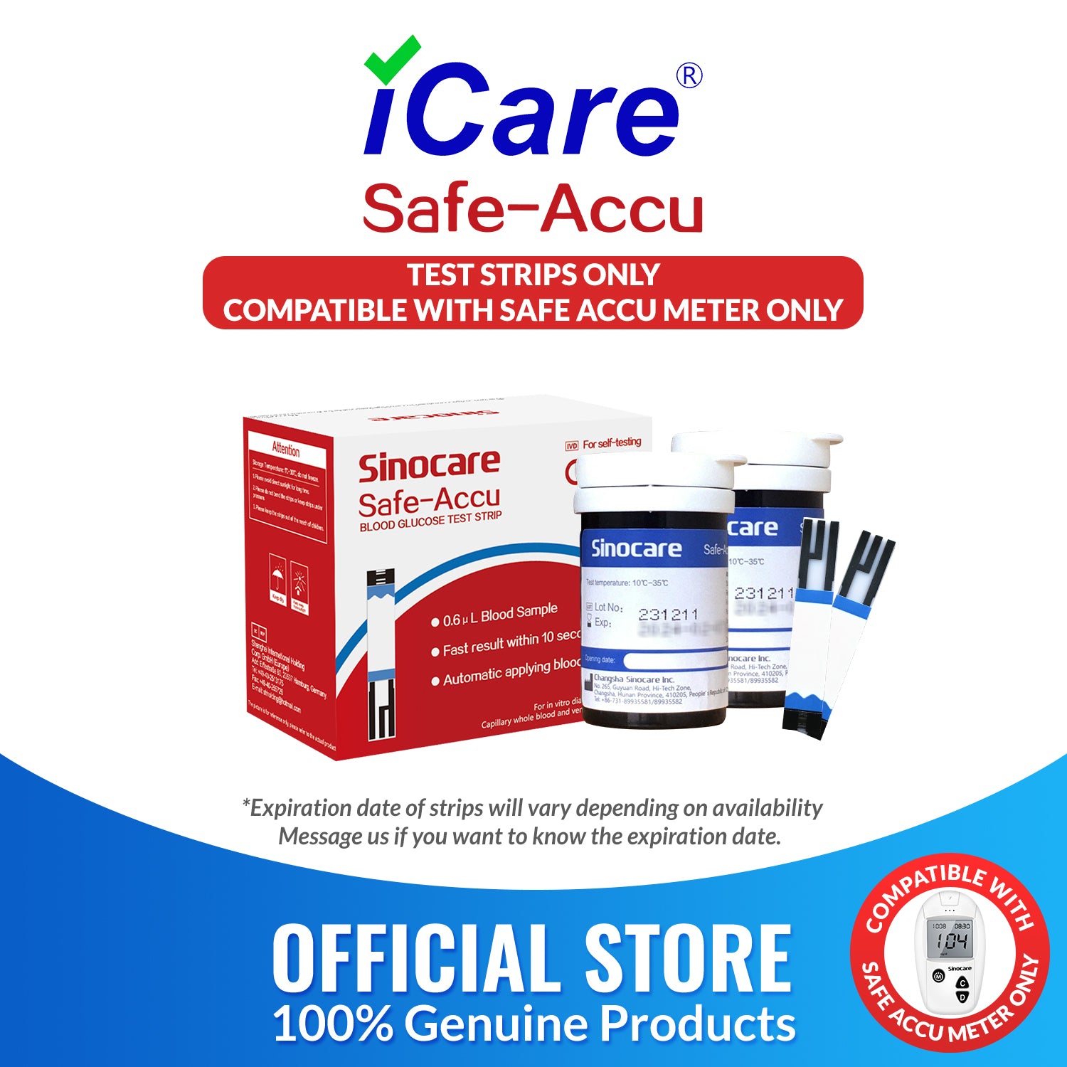 iCare® Safe Accu Glucose Test Strips ONLY COMPATIBLE WITH SAFE ACCU GLUCOSE METER SA
