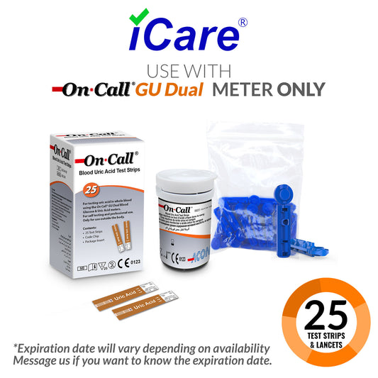 iCare® Uric-T25 On Call Blood Uric Acid Test Strips 25pcs + Lancets 25pcs USE WITH GU Dual Blood Glucose & Uric Acid Meter ONLY